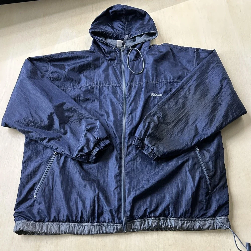 Vintage Wilson Advantage Windbreaker Jacket Mens XL Blue Hooded Zip Fleece Lined